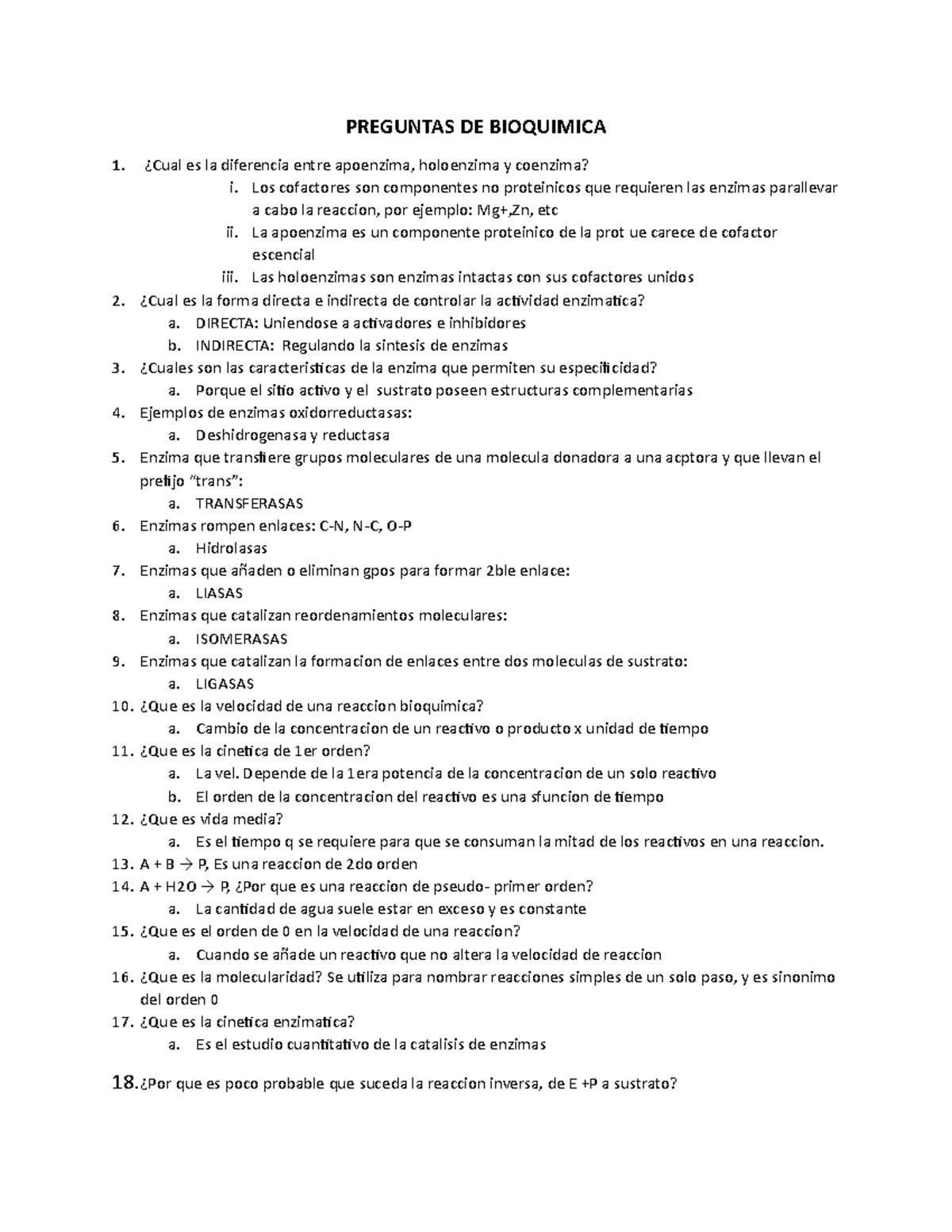 Bioquimica Preguntas Primer Parcial - PREGUNTAS DE BIOQUIMICA 1. ¿Cual ...