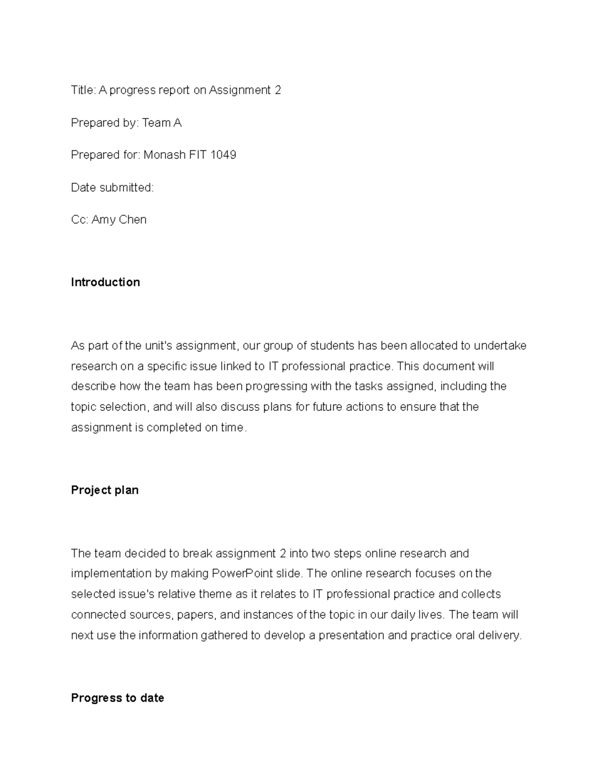 Efolio 9 Title A progress report on Assignment 2 Prepared by Team