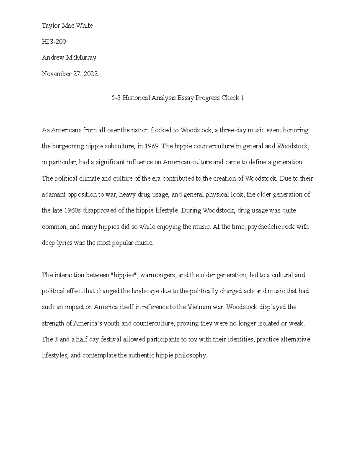 5-3 Historical Analysis Essay Progress Check 1 - The hippie ...