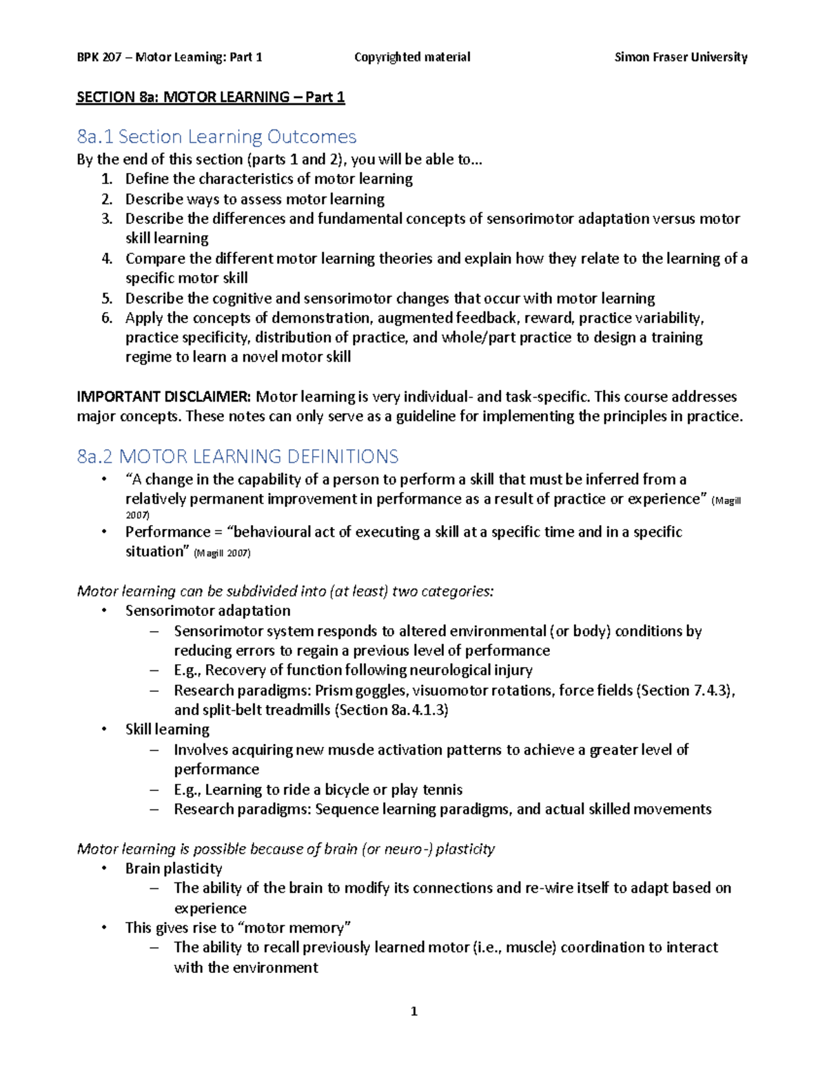 BPK207 Section 8a Motor Learning v4 - SECTION 8 a: MOTOR LEARNING ...