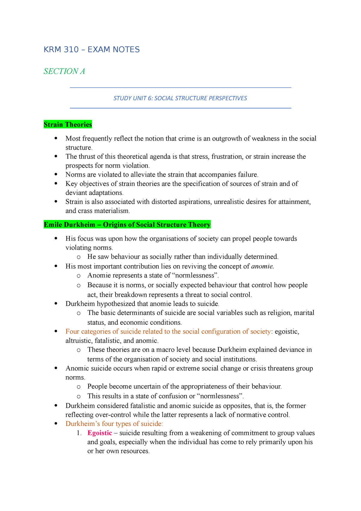 KRM 310 Exam Section A Study Unit 6 - 12 - KRM 310 – EXAM NOTES SECTION ...