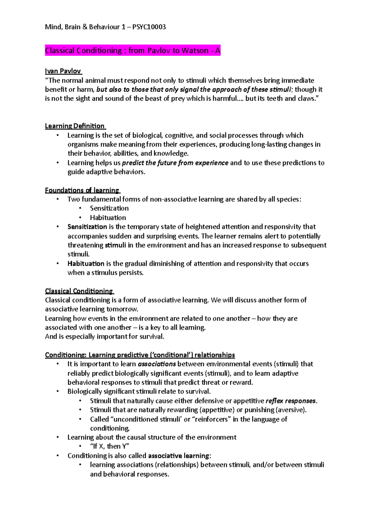 Summary - Learning and Cognition - Classical Conditioning : from Pavlov ...
