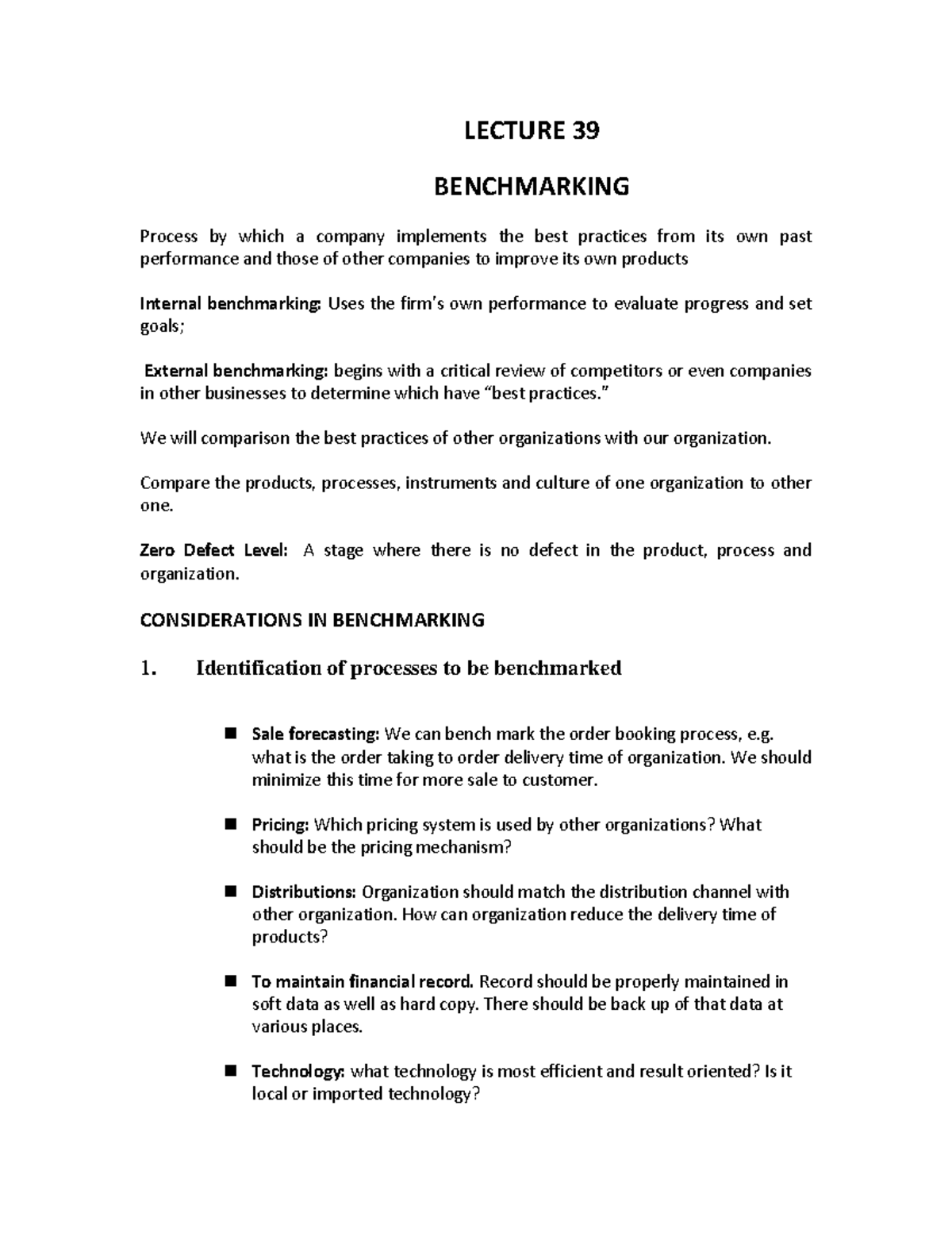 MGT211 Final Term Merged - LECTURE 39 BENCHMARKING ####### Process By ...