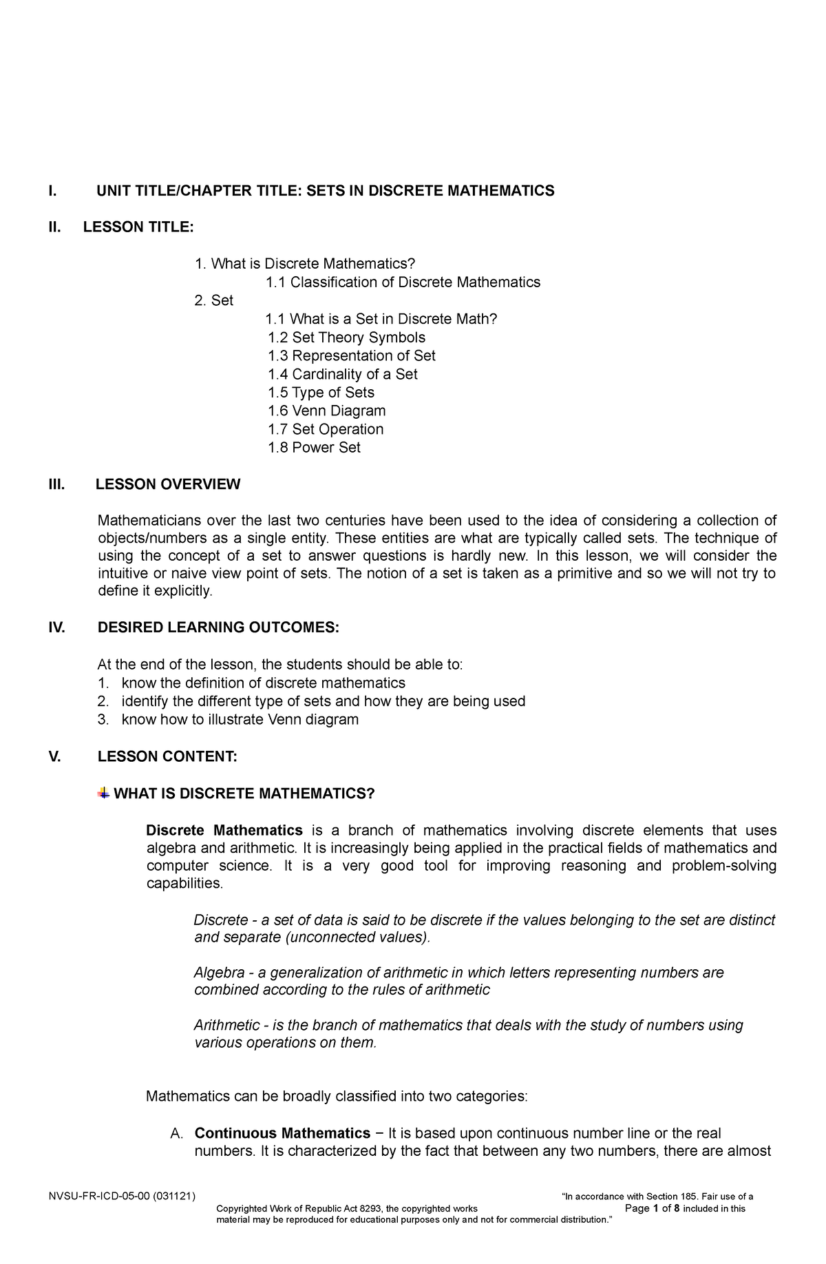 Instructional Module Sets In Discrete Mathematics I Unit Title