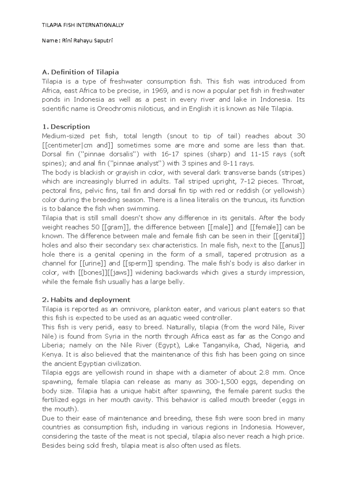 Tilapia FISH Internationally Name Rini Rahayu Saputri A. Definition