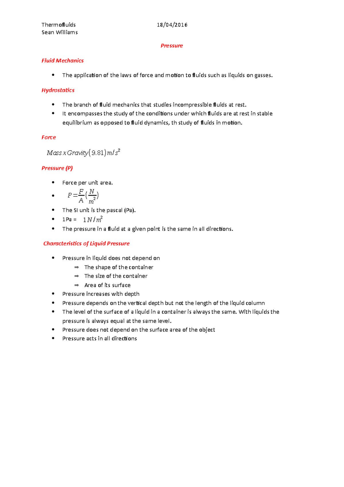 Pressure - Detailed Notes and formula from Maria Kavanagh ...