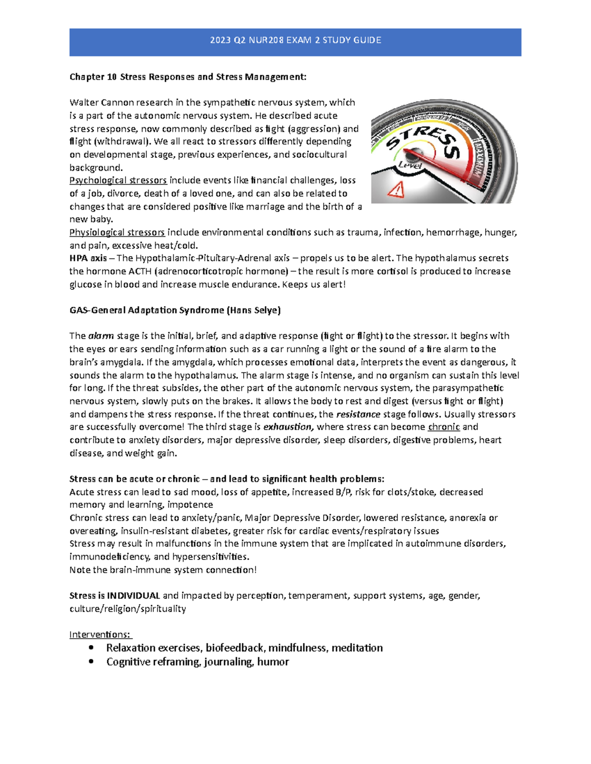 NUR 208 Exam 2 study guide - Chapter 10 Stress Responses and Stress ...