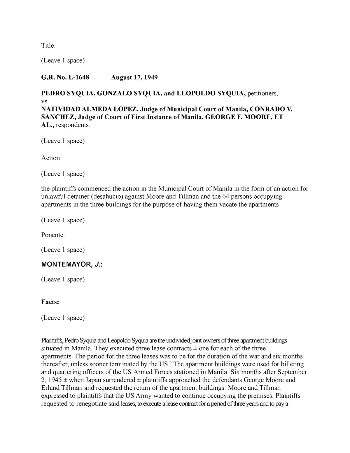 Cases - Case Digest - Title: (Leave 1 Space) G. No. L-1648 August 17 ...