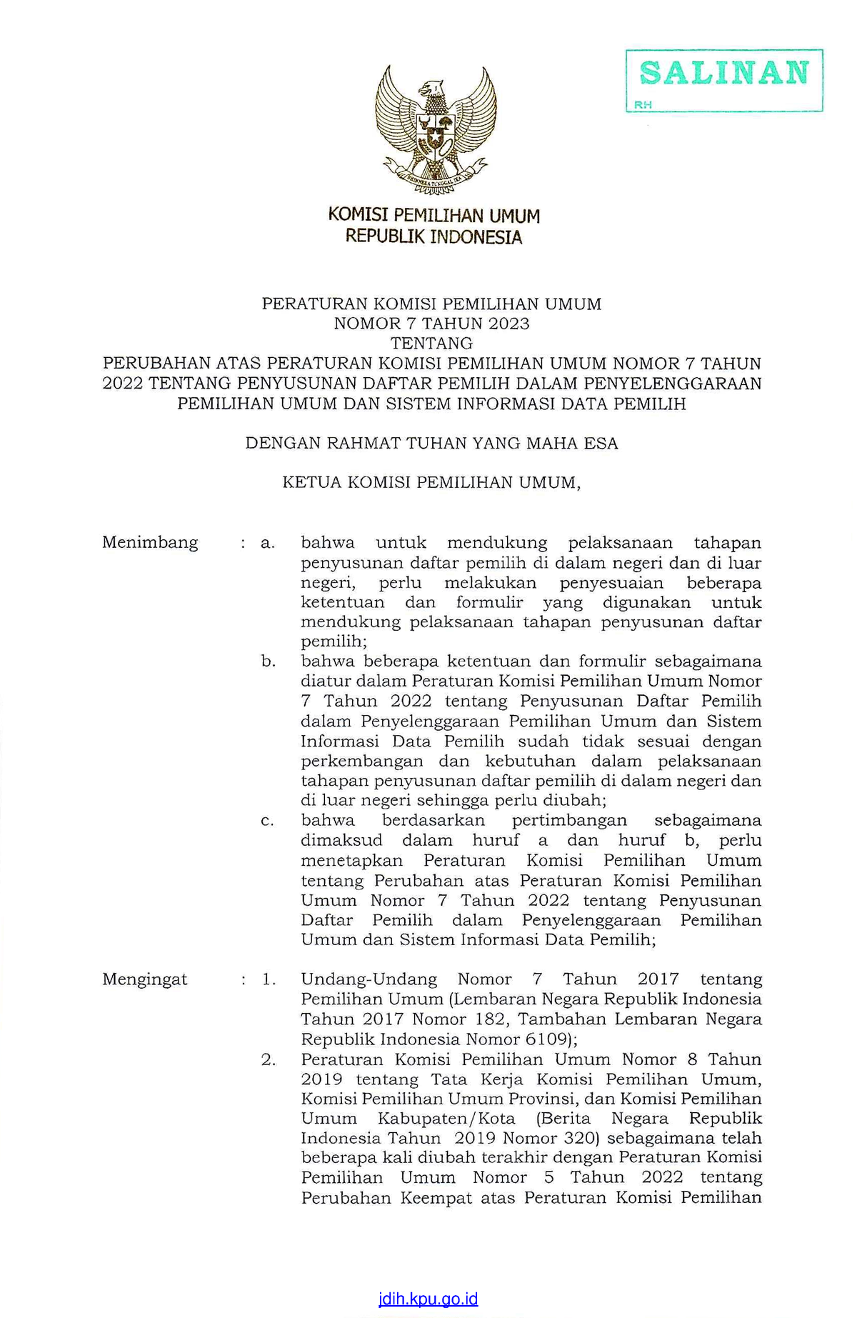 2023pkpu007 - 2 - Umum Nomor 8 Tahun 2019 Tentang Tata Kerja Komisi ...