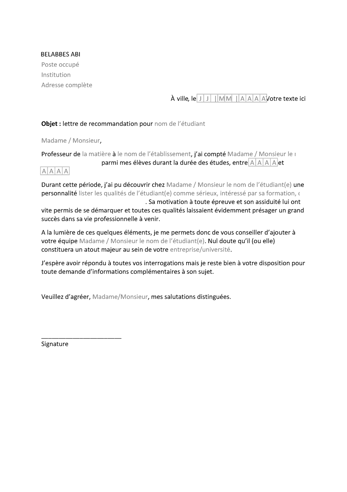 Modele lettre de recommandation etudiant e54e6471d0 - À , le Votre ...