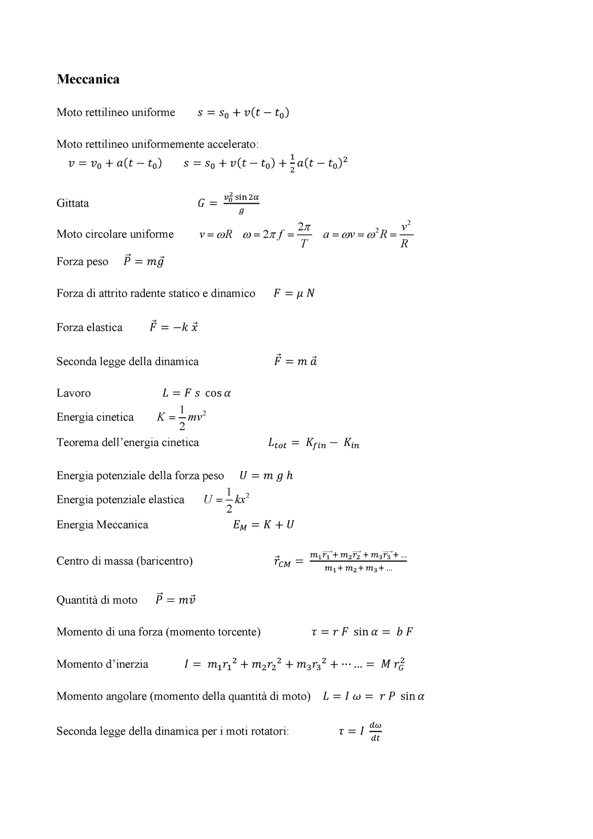 Formulario - formule fisica - Meccanica Moto rettilineo uniforme 𝑠 = 𝑠 ...