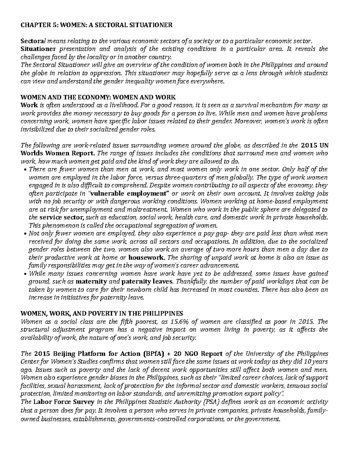 Gender and Society CHAPTER 5 WOMEN A SECTORAL SITUATIONER Sectoral