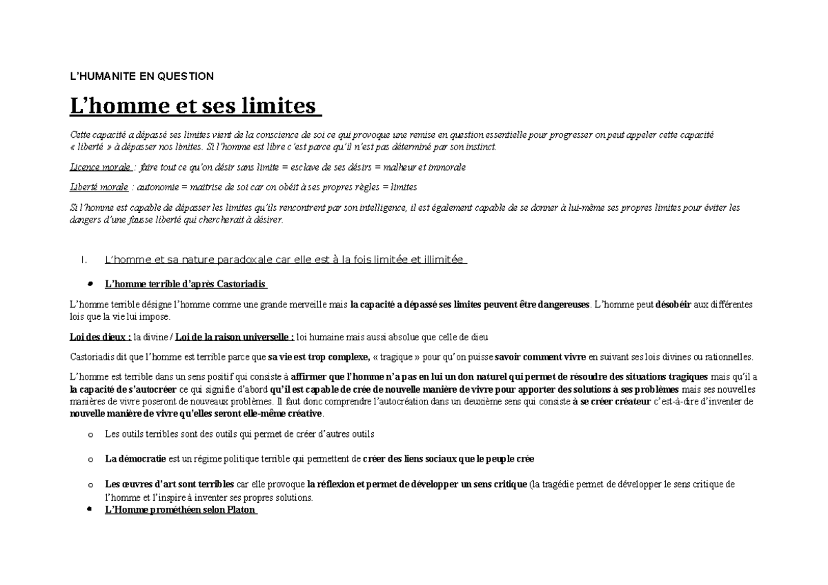Fiches de révisions HLP L'homme et ses Limites - L’HUMANITE EN QUESTION
