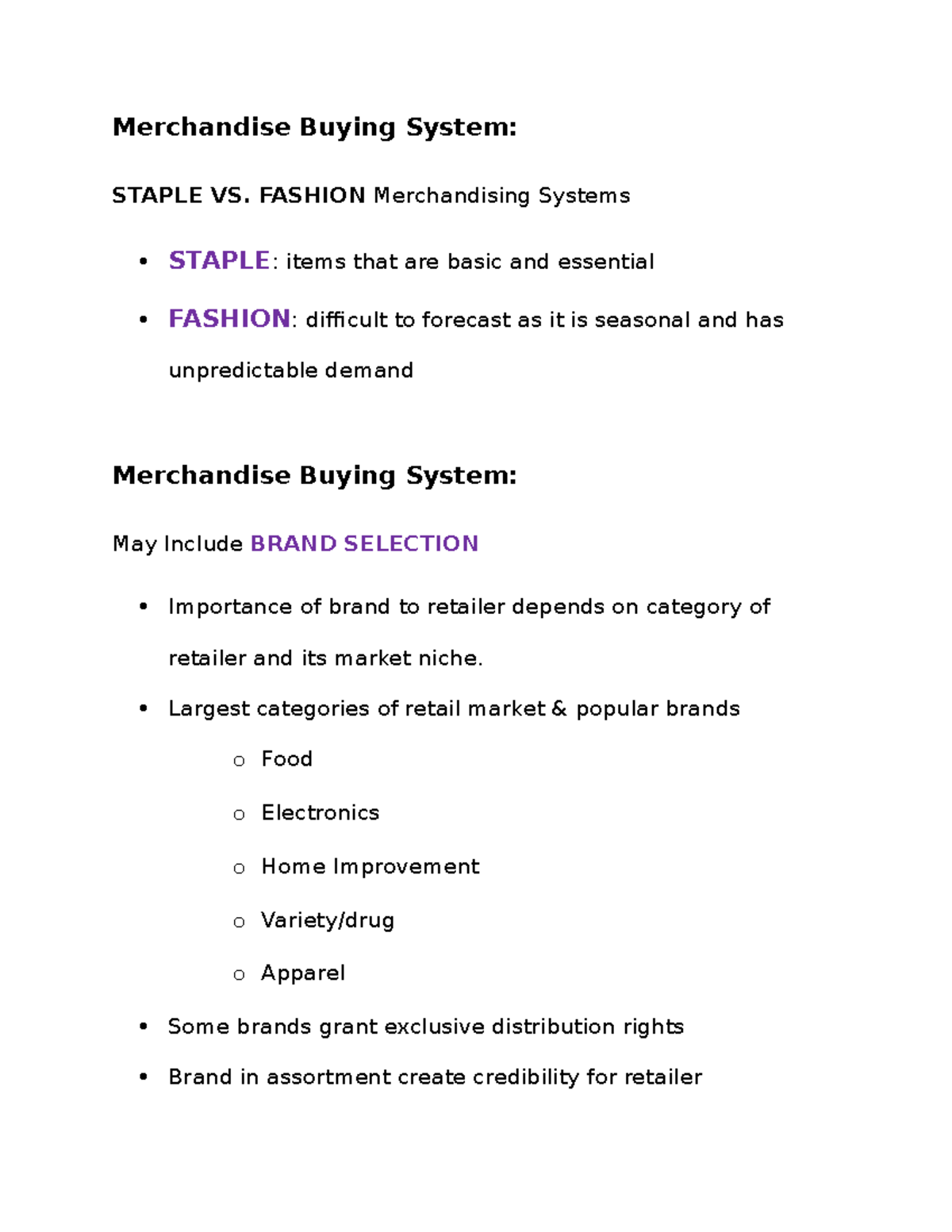 Merchandise Buying System Merchandise Buying System STAPLE VS