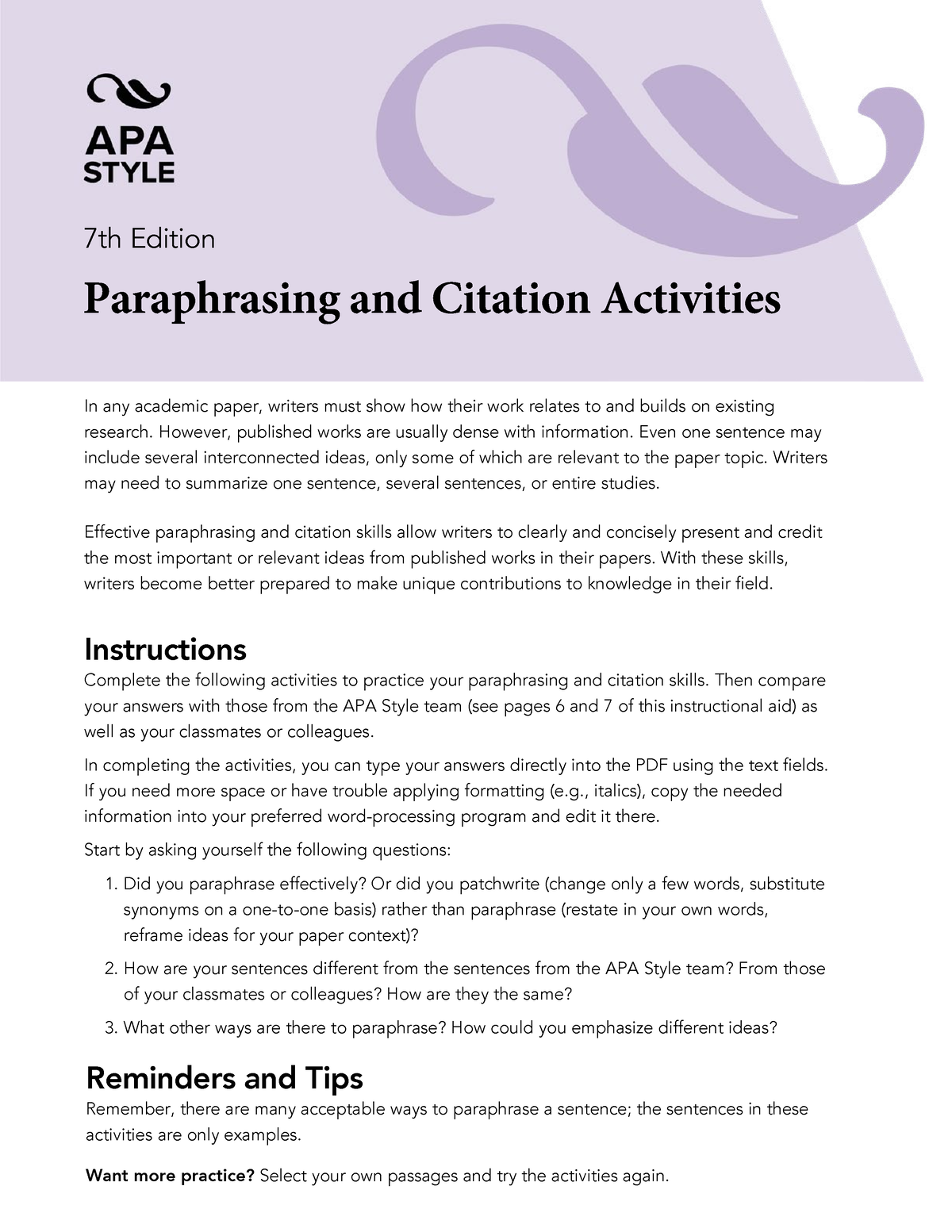 citing and paraphrasing practice