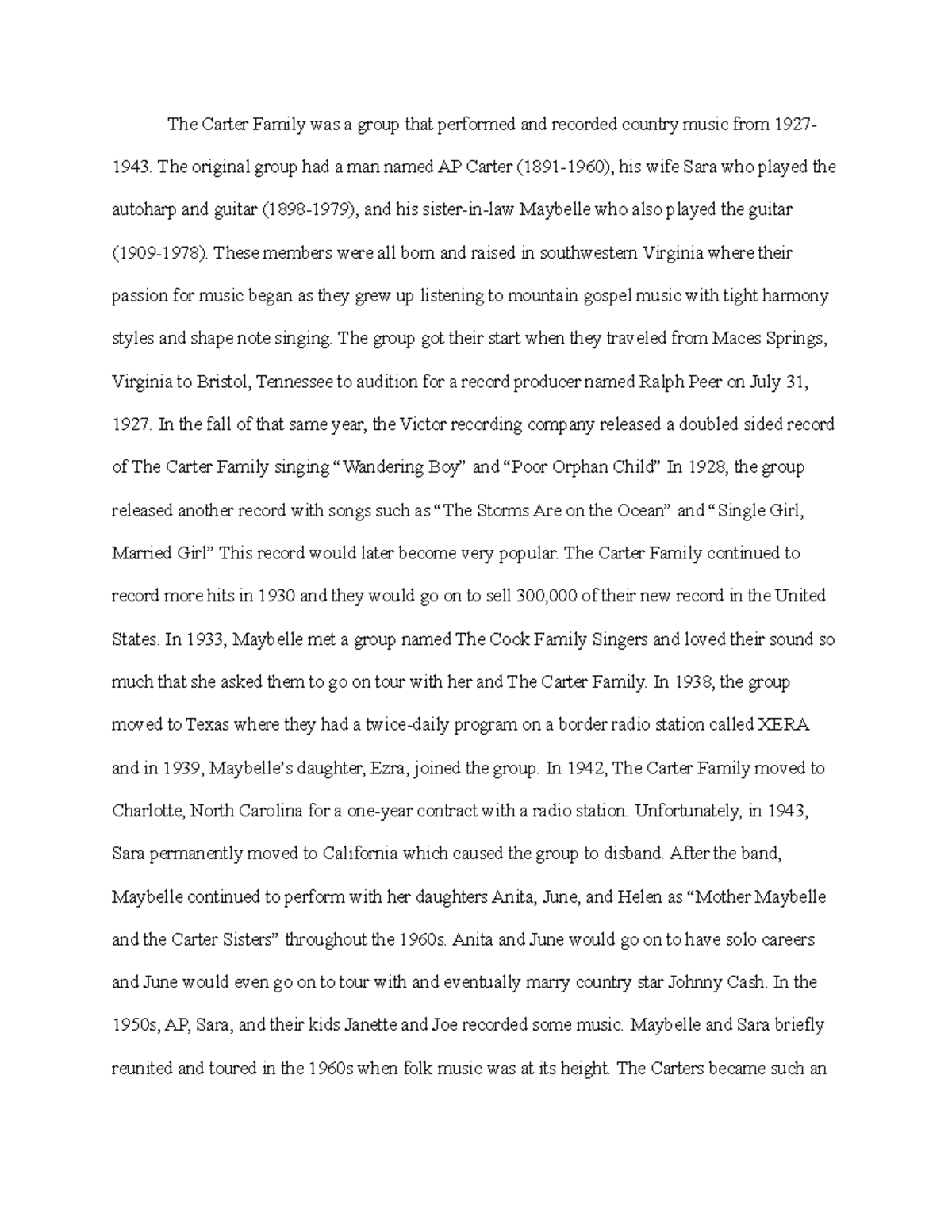 The Carter Family Notes - The Carter Family was a group that performed ...