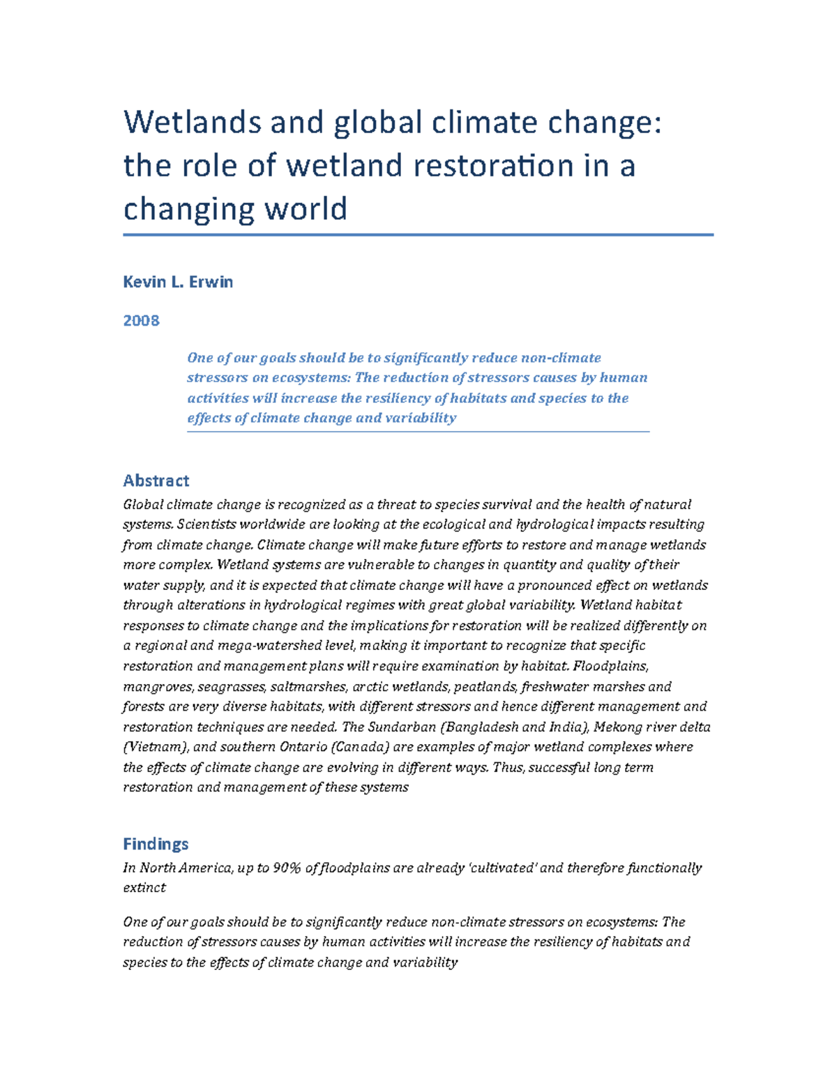 Erwin 2008 Article Wetlands And Global Climate Change - Wetlands and ...