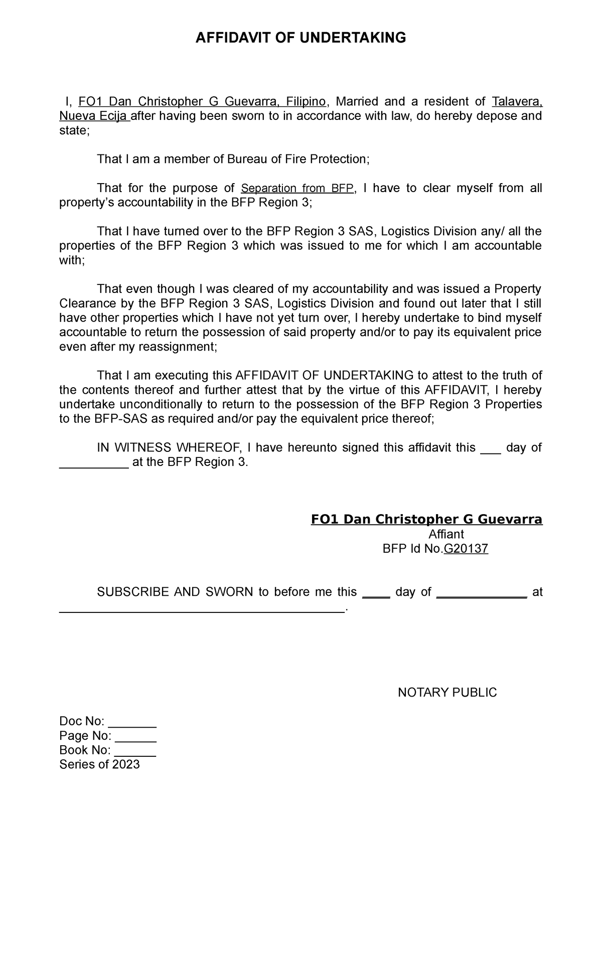 Affidavit Of Undertaking 3 Affidavit Of Undertaking I Fo1 Dan Christopher G Guevarra 5148