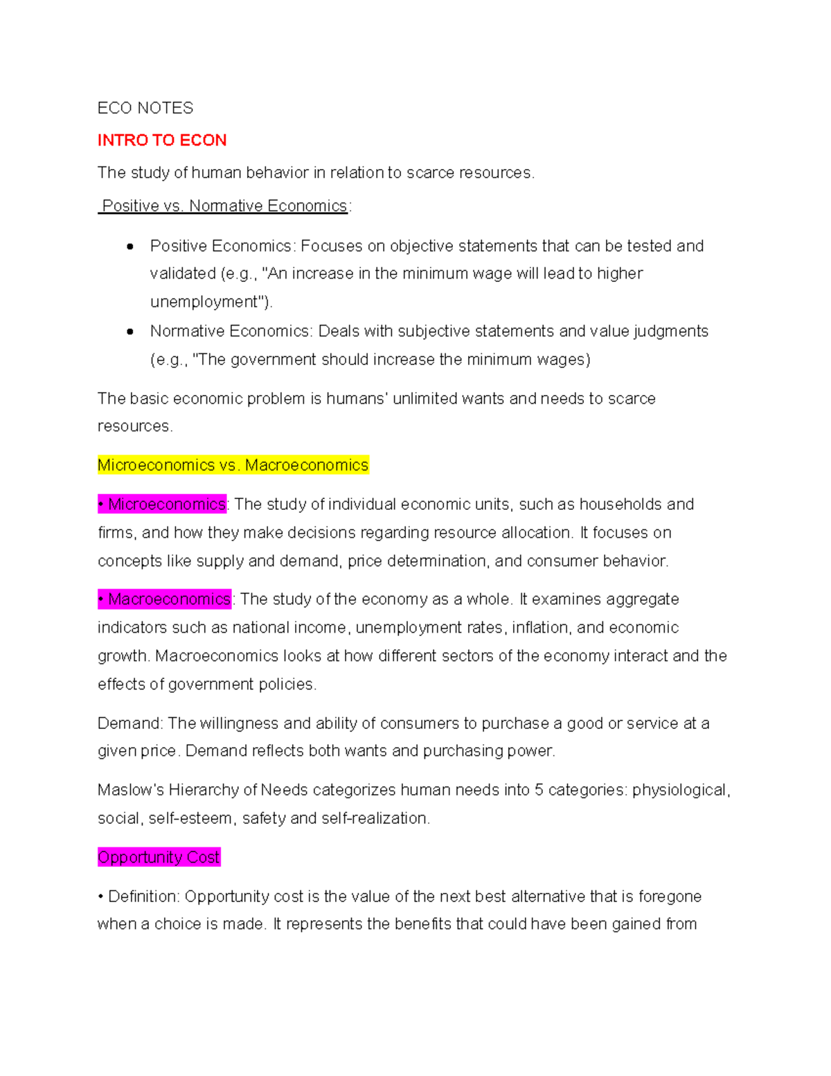 ECO Notes - Summary Economics 1 - ECO NOTES INTRO TO ECON The study of ...
