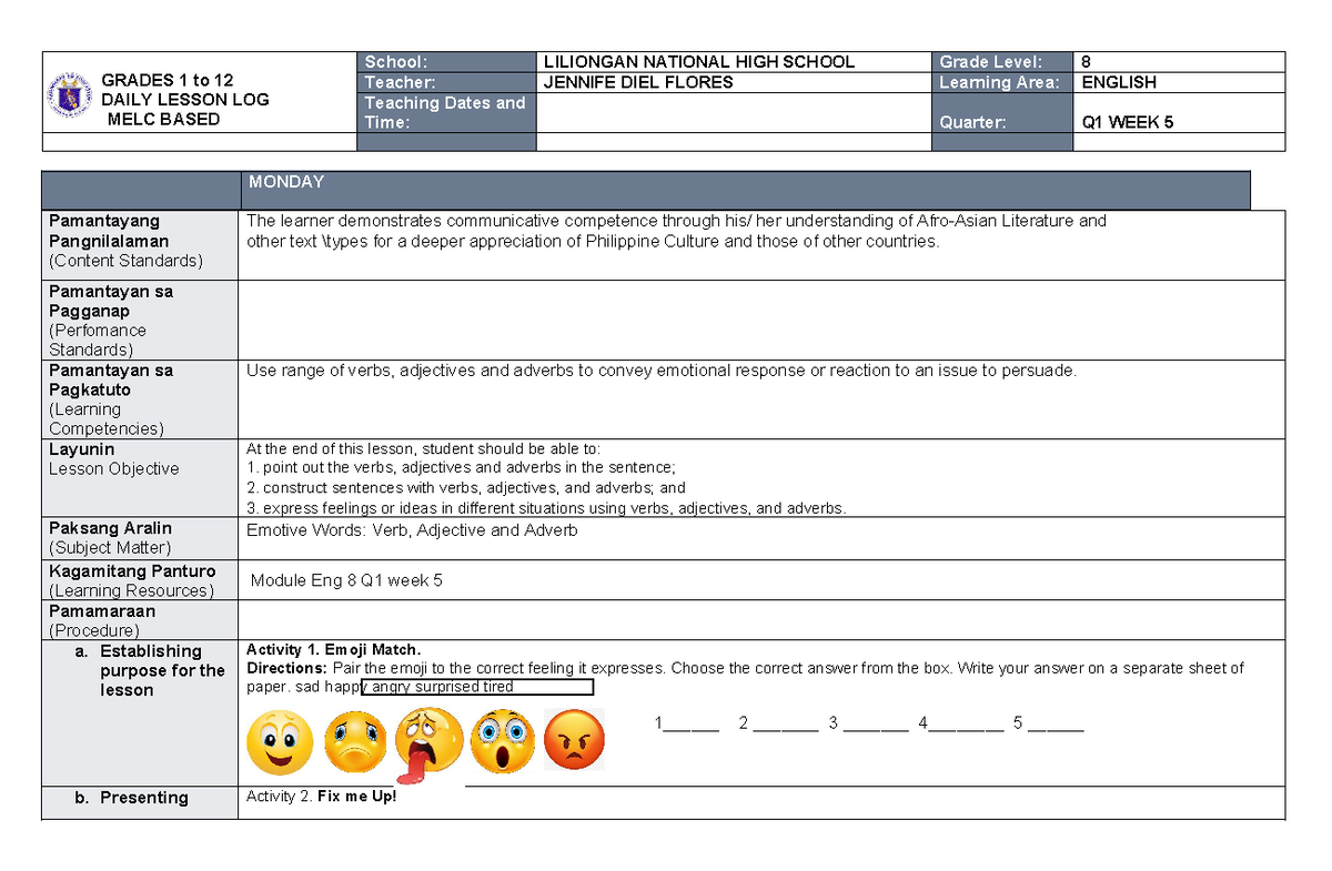 DLP English 8 week 5 - GRADES 1 to 12 DAILY LESSON LOG MELC BASED ...