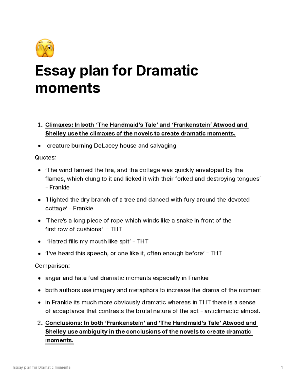 Essay plan for Dramatic moments - creature burning DeLacey house and ...