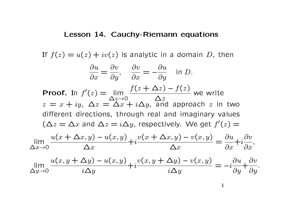 Lecture 14 - Lesson 14. Cauchy-Riemann equations If f (z) = u(z) + iv(z ...