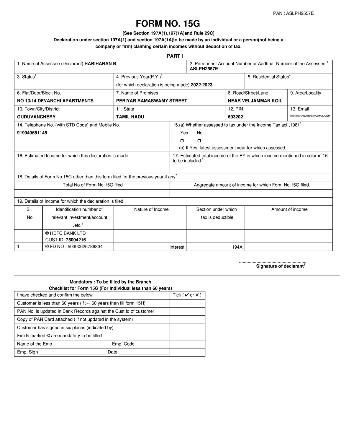 15 G Form(Pre-filled) - sdfiohdsfidsfiodsf - PAN : ASLPH2557E FORM NO ...