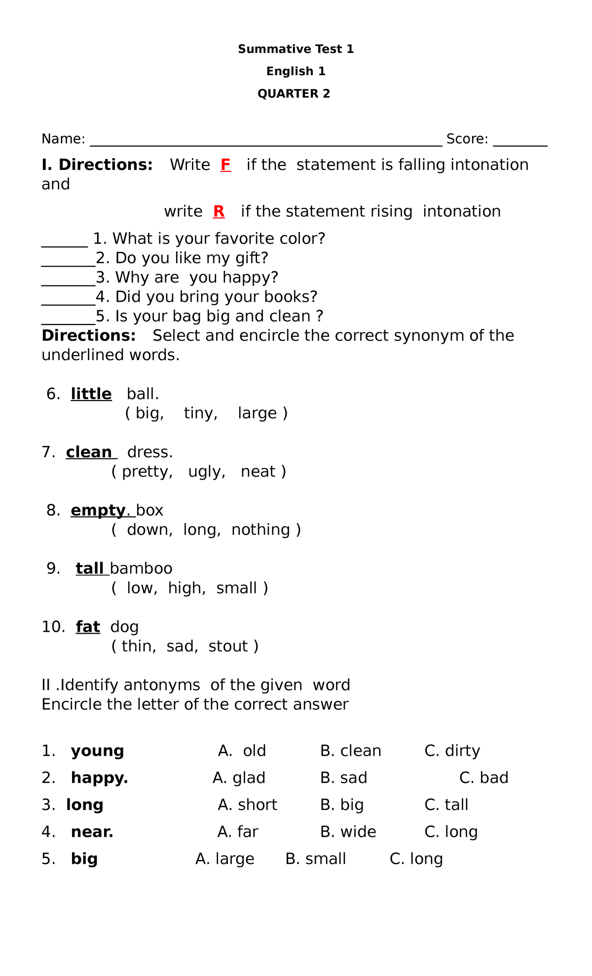 Summative Test 1 Quater 2 - Summative Test 1 English 1 QUARTER 2 Name ...