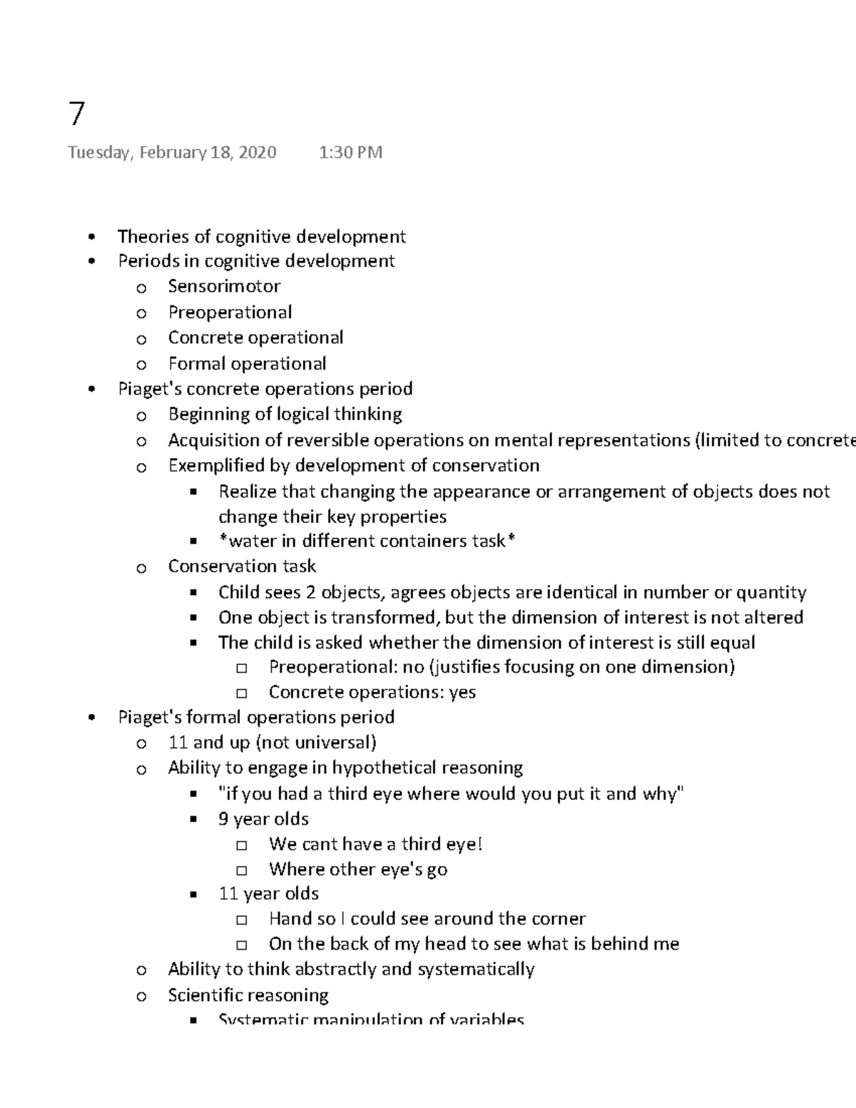 7 - Lecture notes 7 - Theories of cognitive development Periods in ...