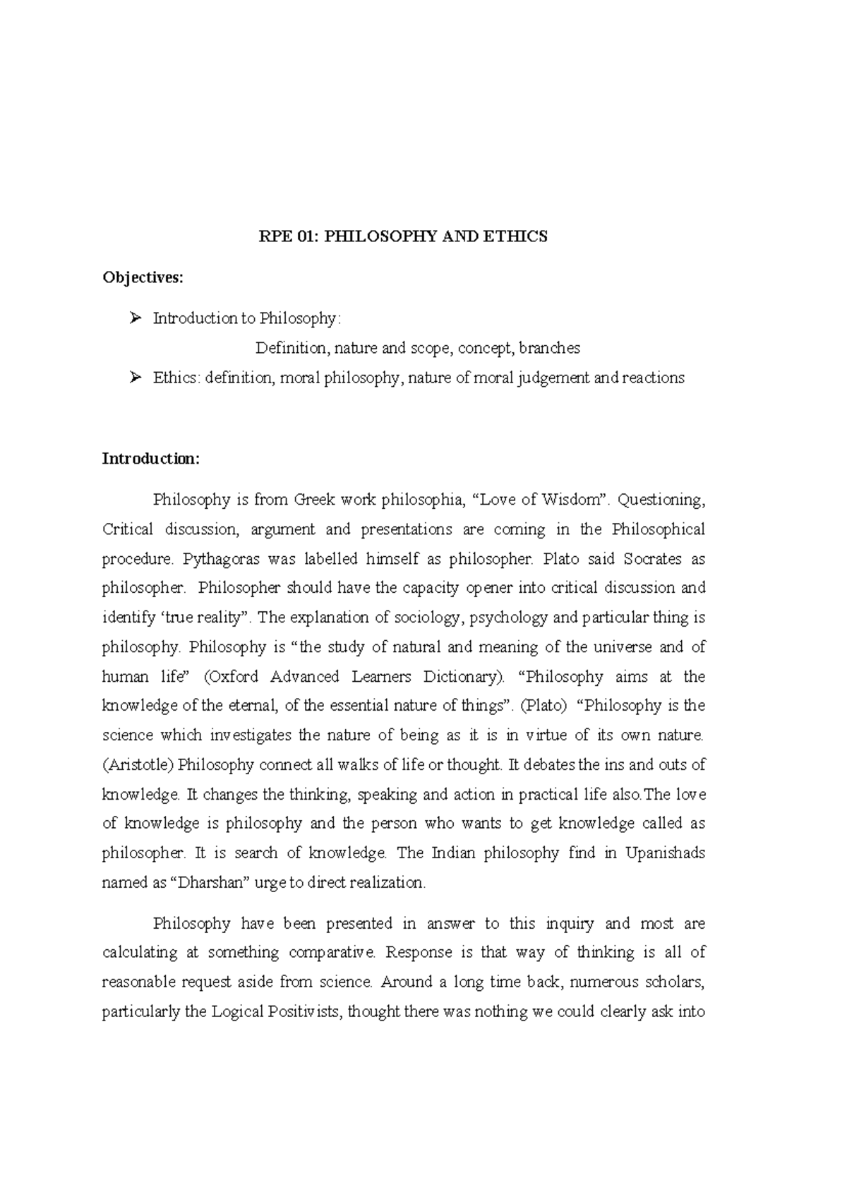 Module 1 ( two topics ) - pfe notes - RPE 01: PHILOSOPHY AND ETHICS ...