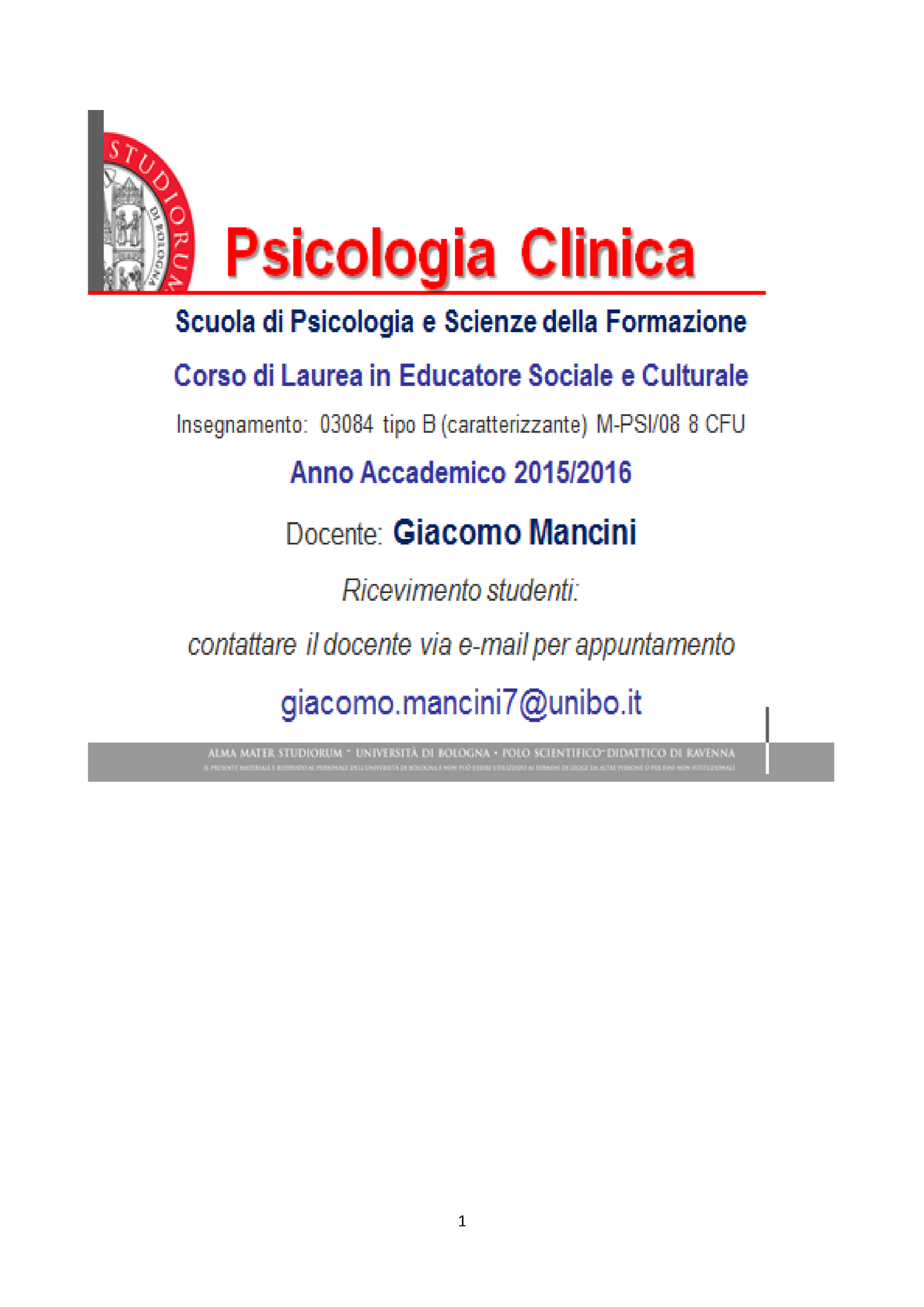 Psicologia Clinica Dispensa Delle Lezioni A.A. 2015-2016 - Ambiti Di ...