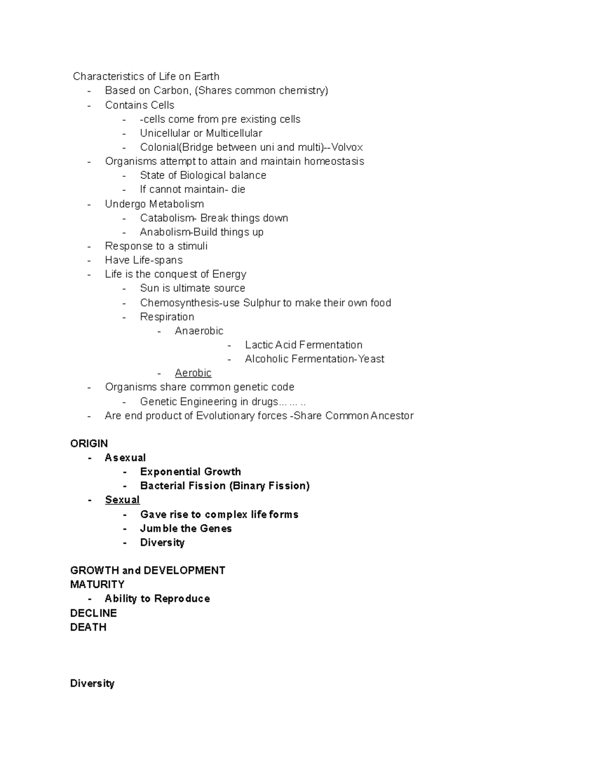 GBIO 153H Notes - Characteristics of Life on Earth - Based on Carbon ...