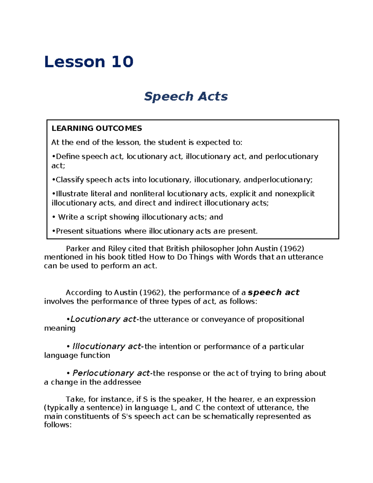 Lesson-10-OC - Lesson - Lesson 10 Speech Acts Parker and Riley cited ...