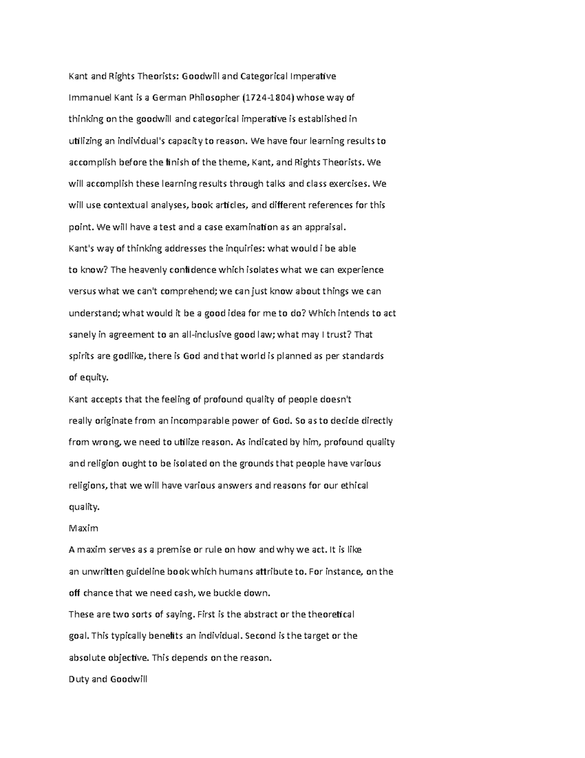 Ethics Lecture Notes 6 - Kant and Rights Theorists: Goodwill and ...