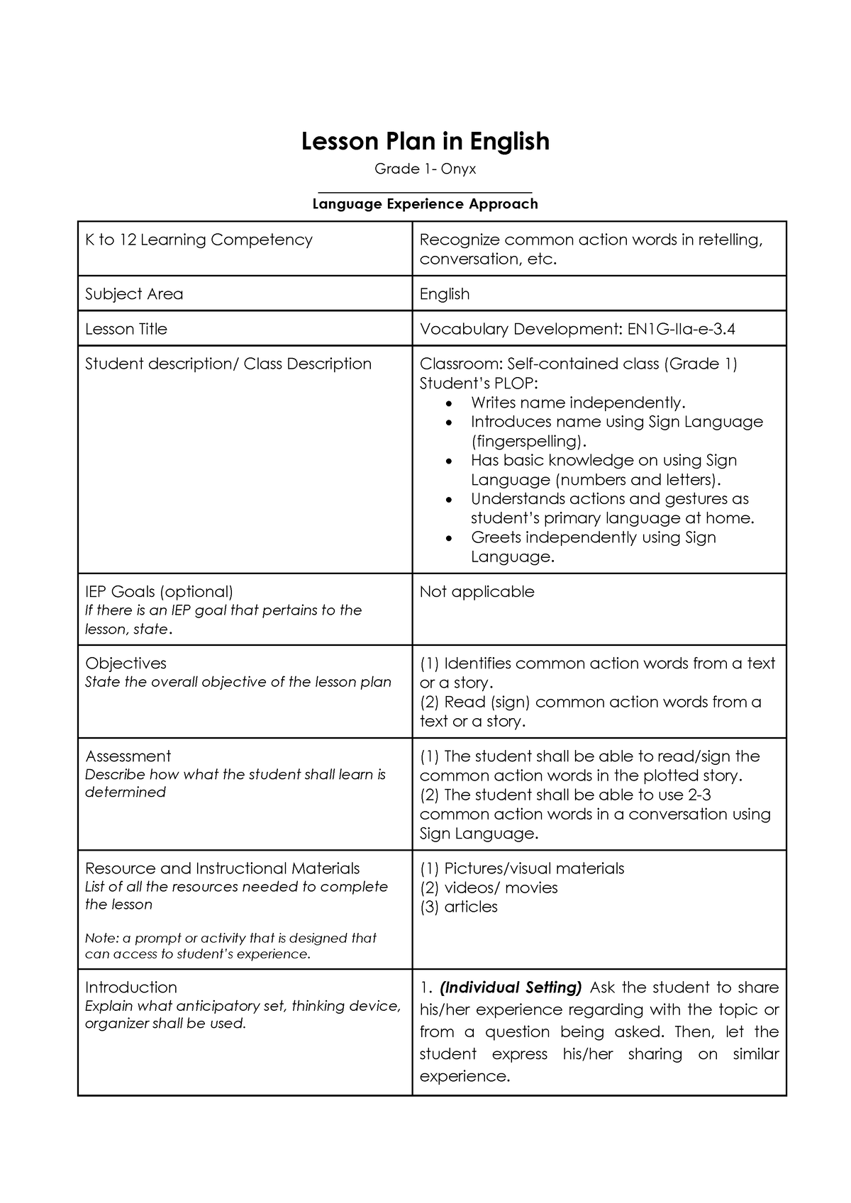 Le1 Lesson Plan Lea Language Experience Approach Lesson Plan In