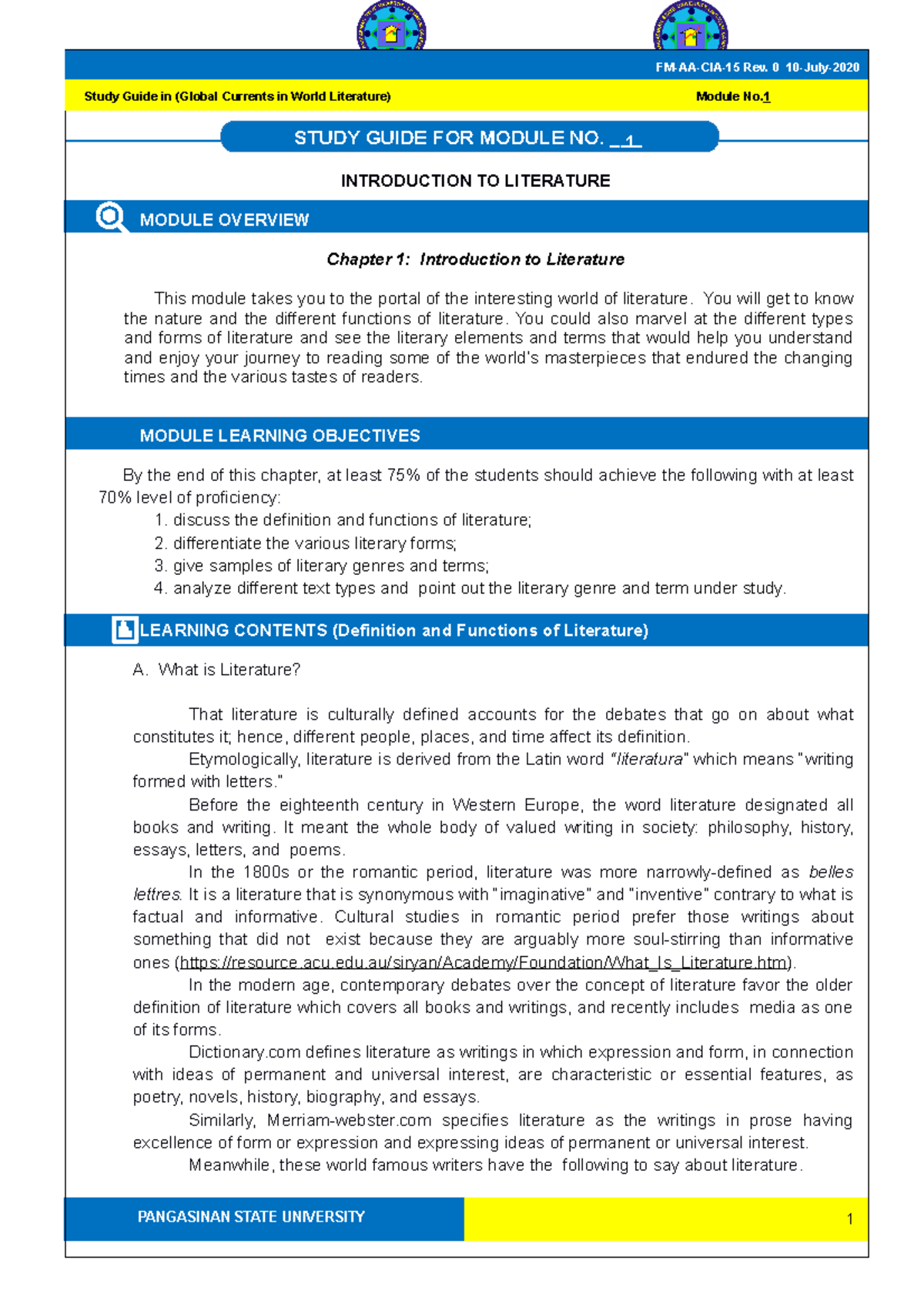 Language in Literature Module - PANGASINAN STATE UNIVERSITY Study Guide ...