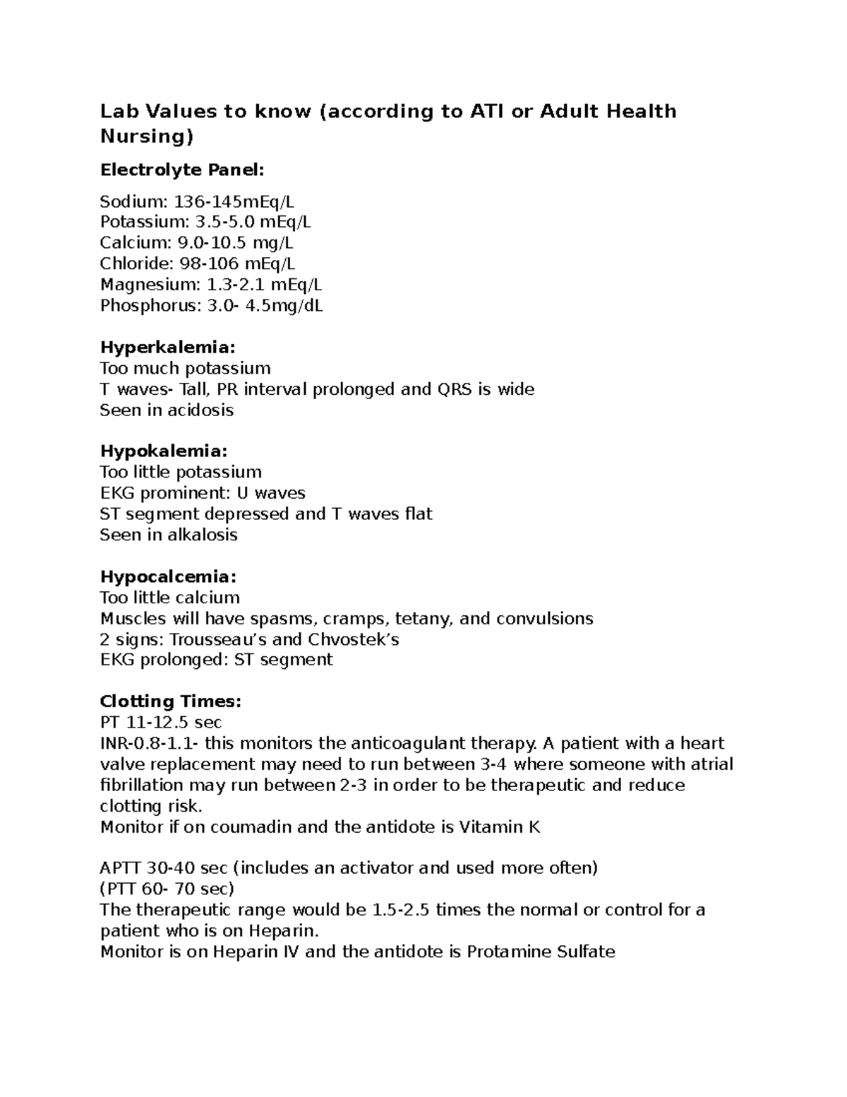 Lab Values1 Notes Lab Values to know (according to ATI or Adult
