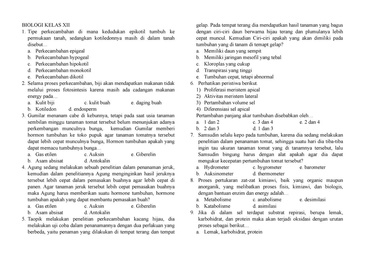Soal PAS Biologi SMA Kelas XII - BIOLOGI KELAS XII Tipe Perkecambahan ...