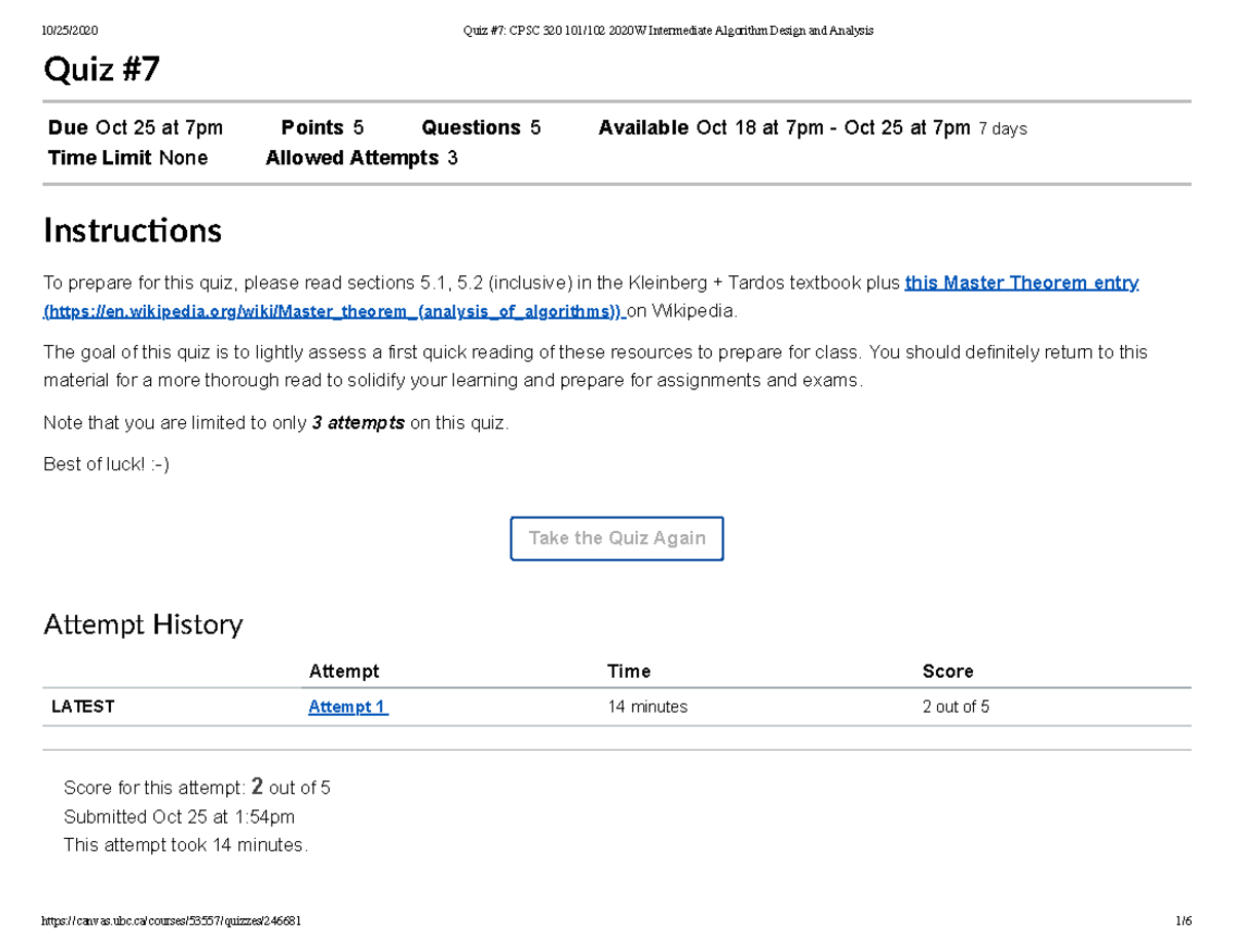Quiz7 - Quiz 10 - CPSC 320 - UBC - Studocu