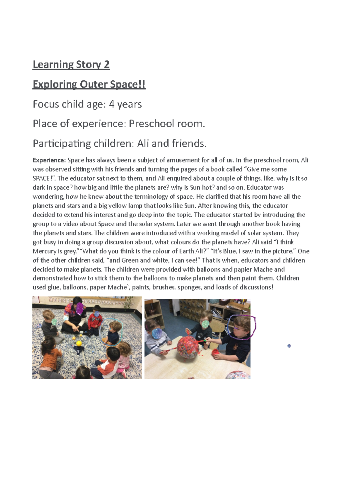 Learning story 2 Learning Story 2 Exploring Outer Space!! Focus child