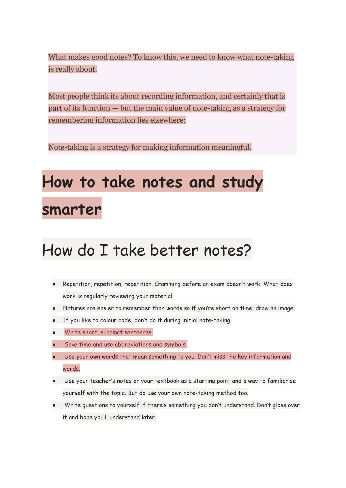 Note taking - practice - What makes good notes? To know this, we need ...