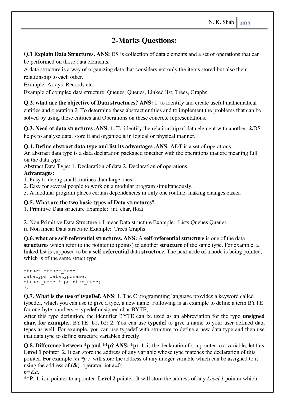 Data Structures New - 2-Marks Questions: Q Explain Data Structures. ANS ...