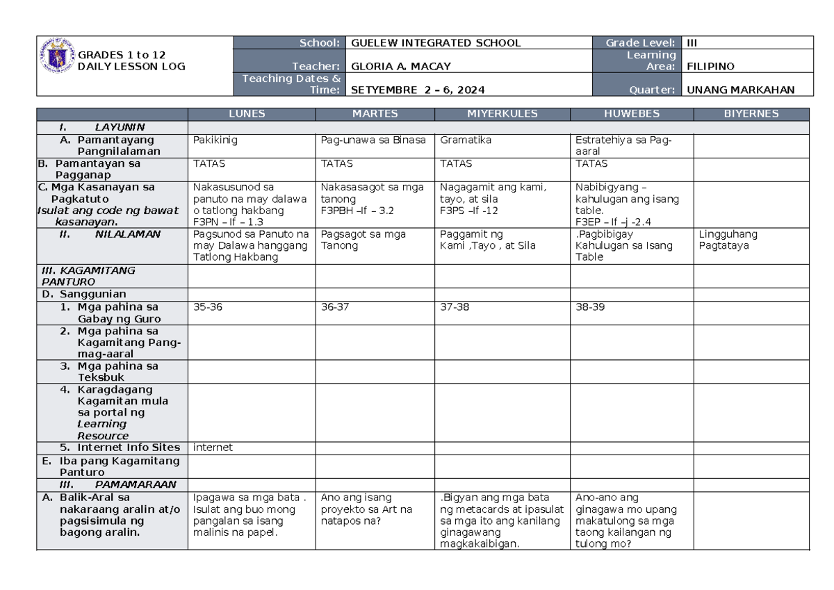 DLL Filipino 3 Q1 W6 SEPT 02-06 - GRADES 1 to 12 DAILY LESSON LOG ...