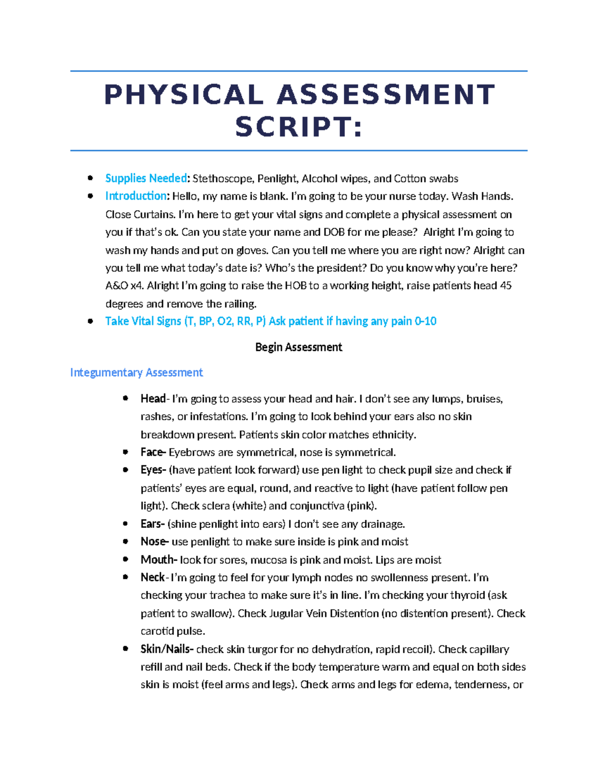 Physical Assessment Script - PHYSICAL ASSESSMENT SCRIPT: Supplies ...