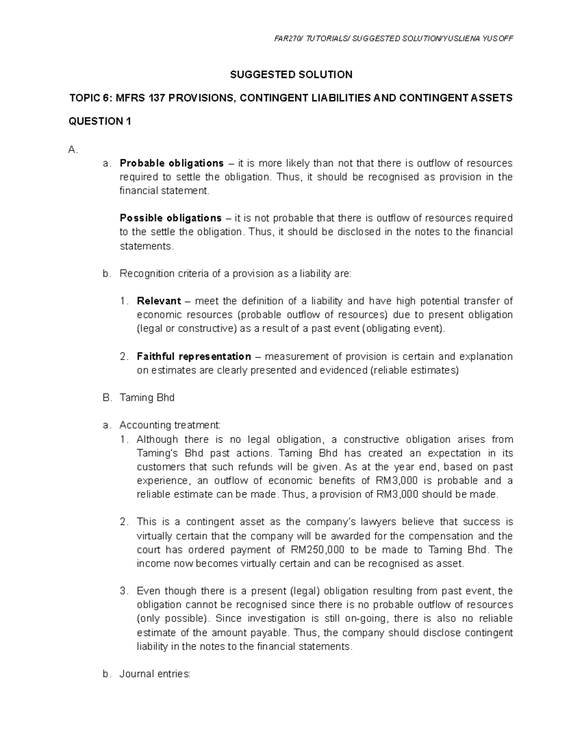 Suggested Solution Topic 6 MFRS 137 - SUGGESTED SOLUTION TOPIC 6: MFRS ...