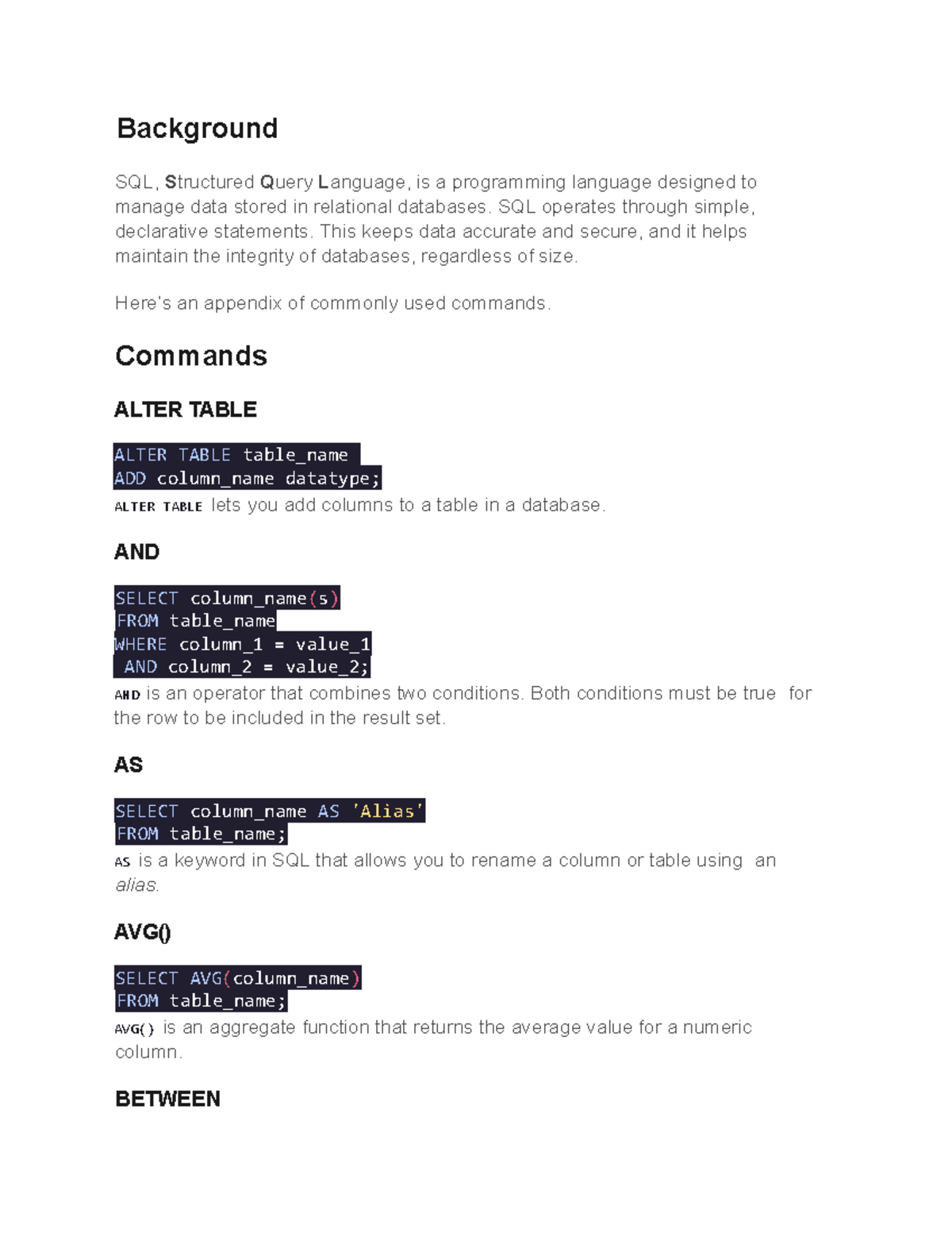 SQL Statements - Background SQL, S tructured Q uery L anguage, is a ...