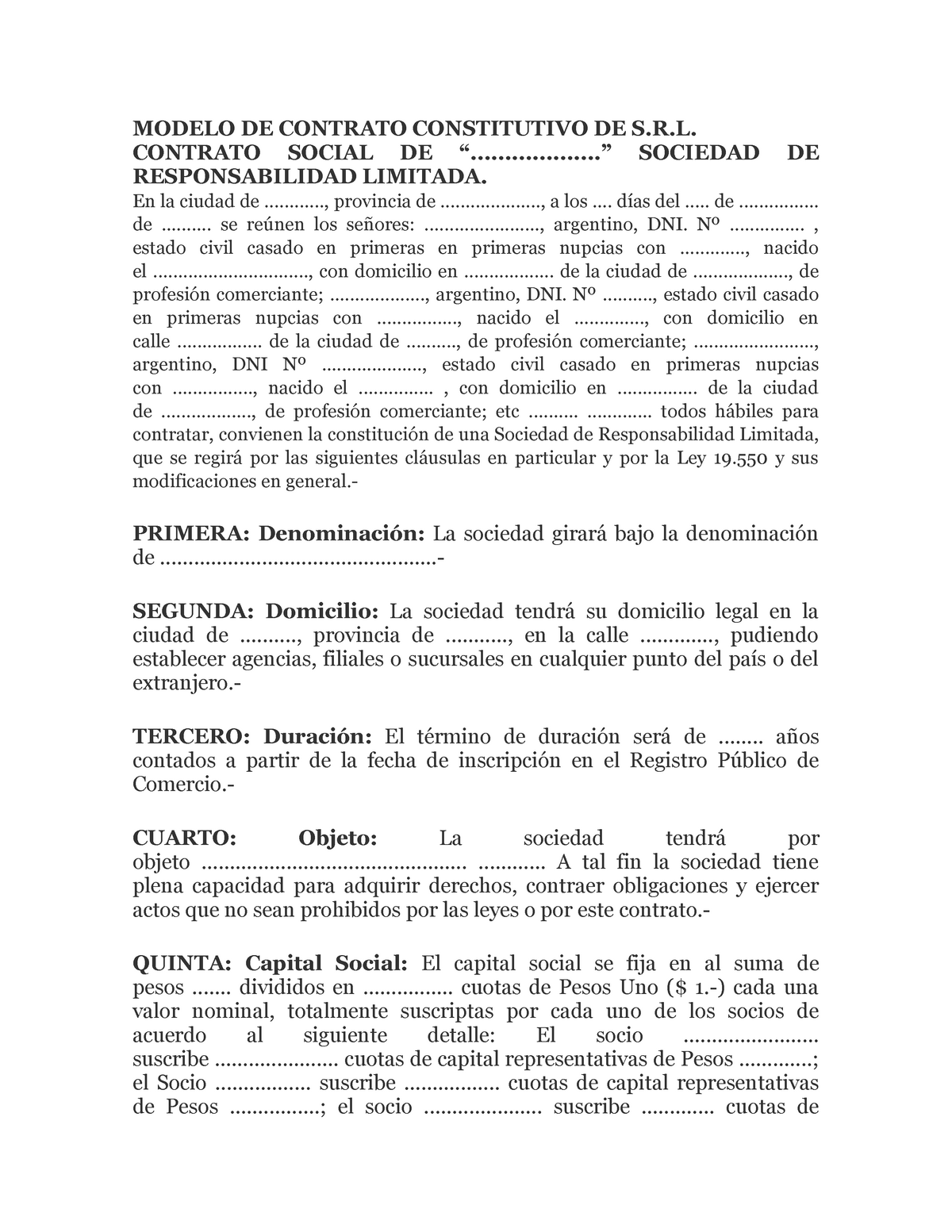 Modelo DE Contrato DE SRL - MODELO DE CONTRATO CONSTITUTIVO DE .  CONTRATO SOCIAL DE - Studocu