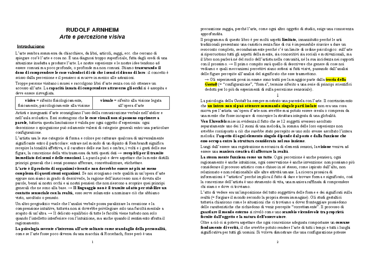 Arnheim, "Arte e percezione visiva", riassunto dei primi 4 capitoli per