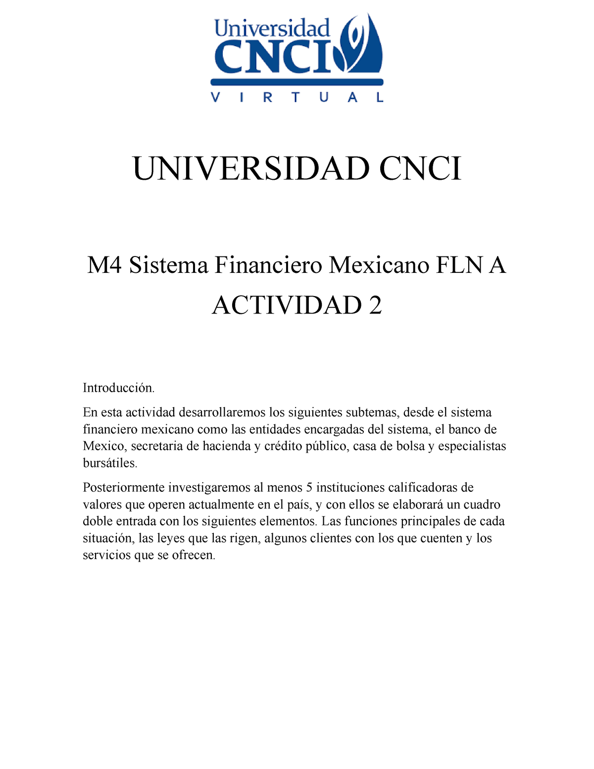 Act 1 Sistema De Financiero Mexicano - UNIVERSIDAD CNCI M4 Sistema ...