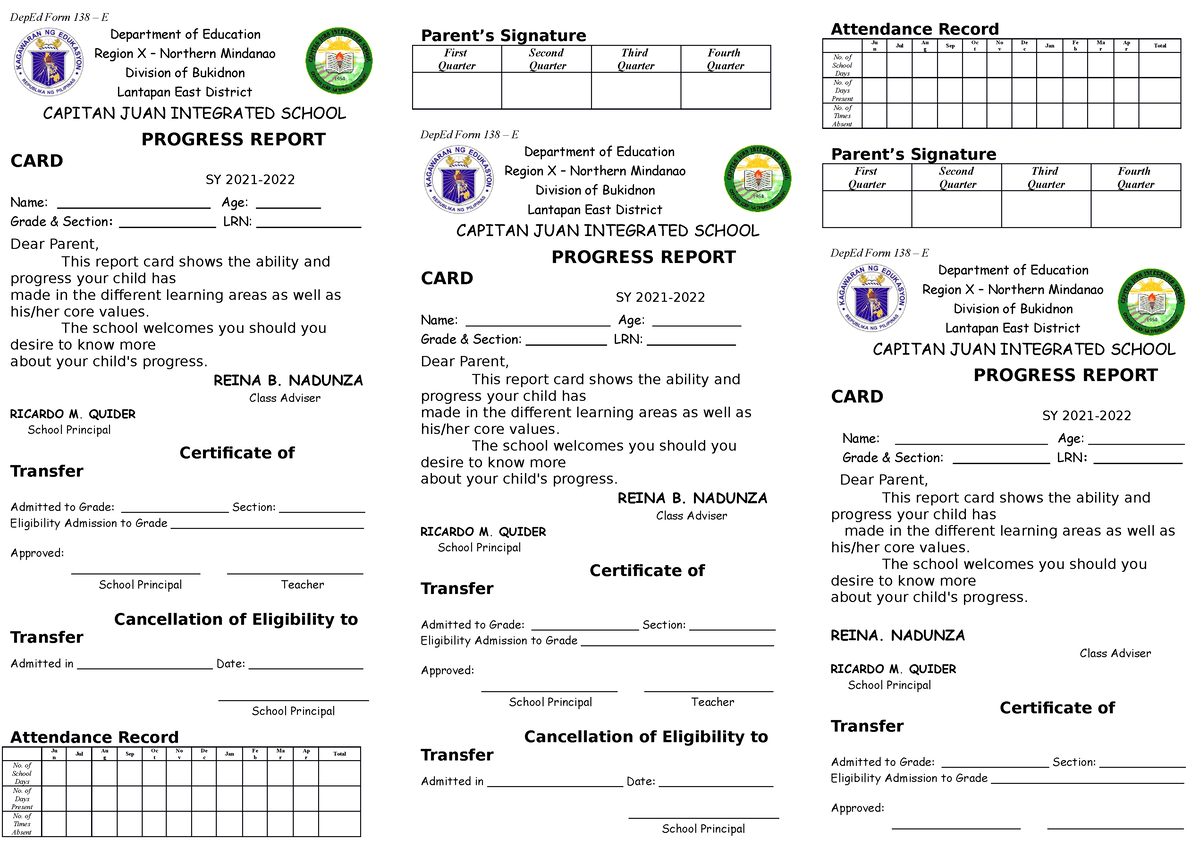 Blank Card Form 138 DepEd Form 138 E Department Of Education 